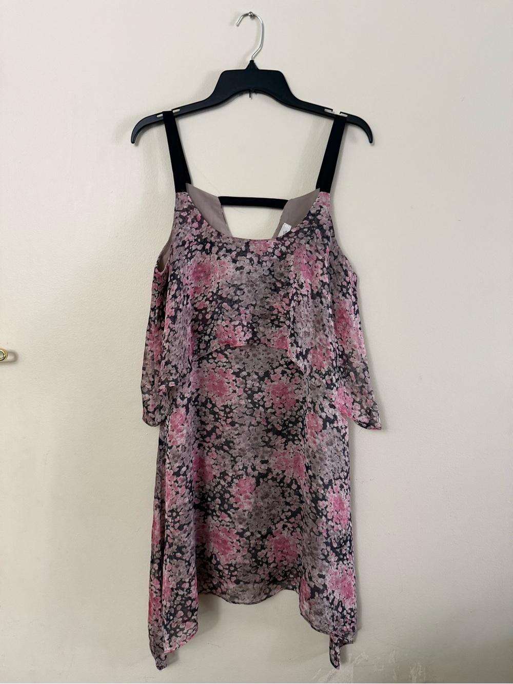 Sugarlips Pink and Black Floral Cold-Shoulder Mini Dress